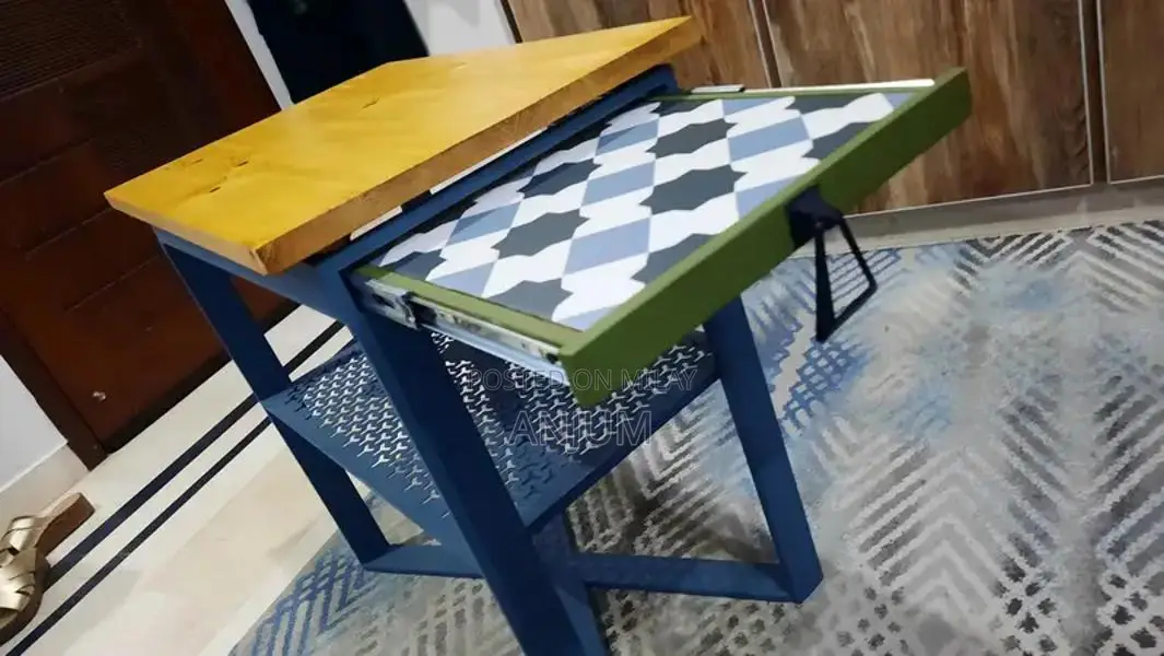 Modern Coffee Table with Tile Floor and CNC Iron Tray Design