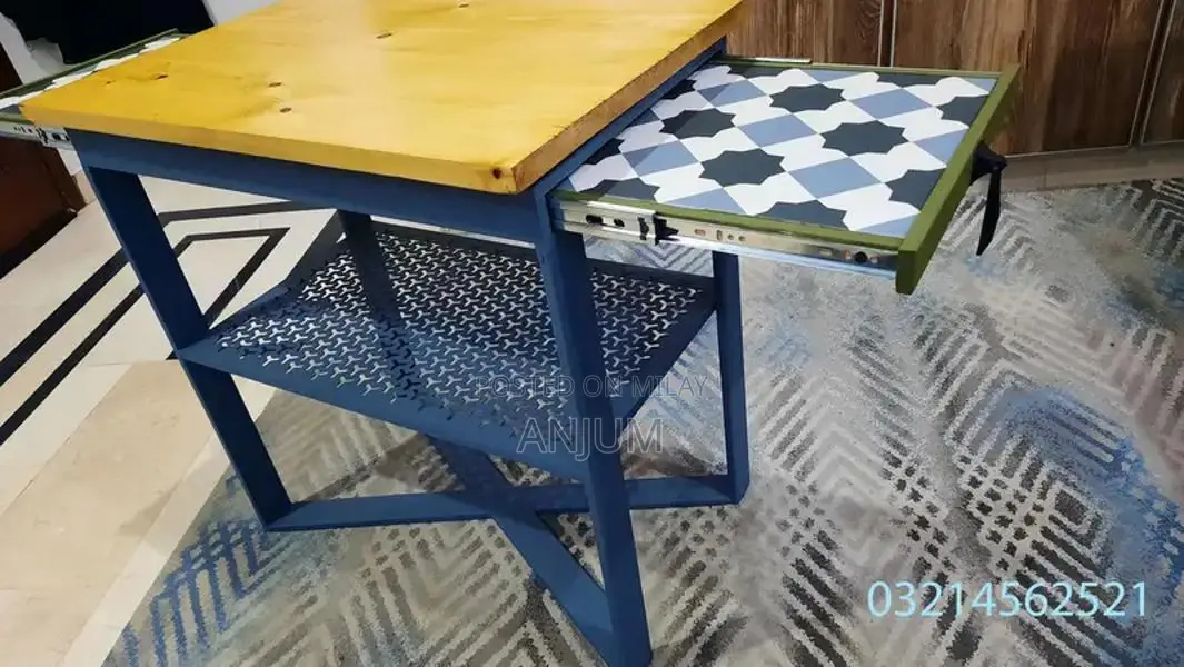 Modern Coffee Table with Tile Floor and CNC Iron Tray Design