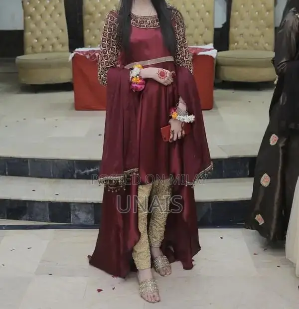 Elegant Mehroon Silk Dress with Handmade Sleeve Detailing