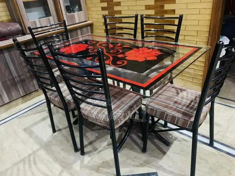Elegant 6-Seater Glass Top Rod Iron Dining Table