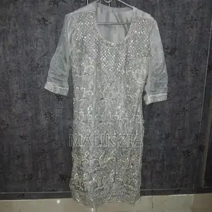 Women's Silver Embroidered Party Dress with Floral Design - Small