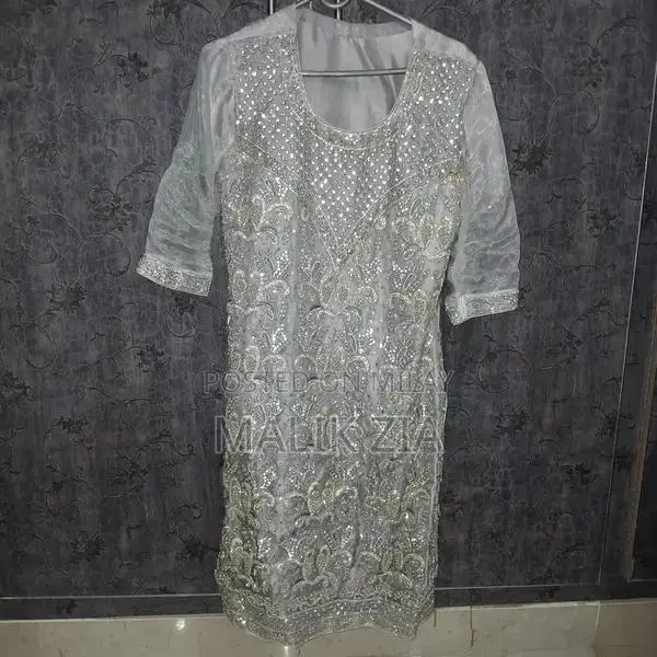 Women's Silver Embroidered Party Dress with Floral Design - Small