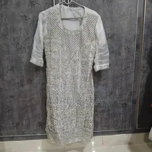 Women's Silver Embroidered Party Dress with Floral Design - Small