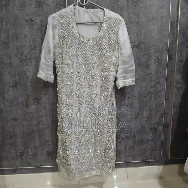 Women's Silver Embroidered Party Dress with Floral Design - Small