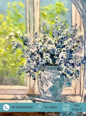 Photo - Serene Blue and White Spring Window Scene Painting