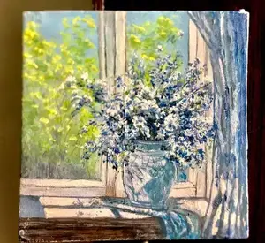 Serene Blue and White Spring Window Scene Painting