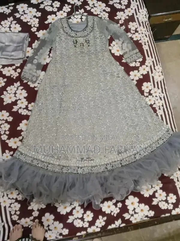 Silver Bridal Dress with Elaborate Dabka and Stone Embellishments