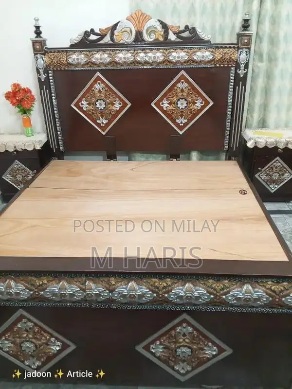 Double Bed with Mattress and Two Matching Side Tables