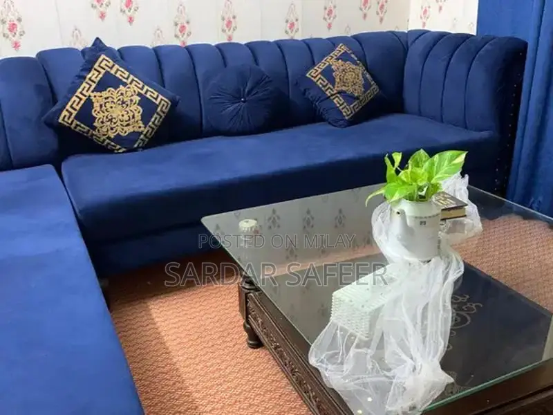 Royal Blue L-Shape Velvet Sofa with Cushions and Matching Curtains