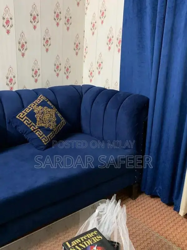 Royal Blue L-Shape Velvet Sofa with Cushions and Matching Curtains
