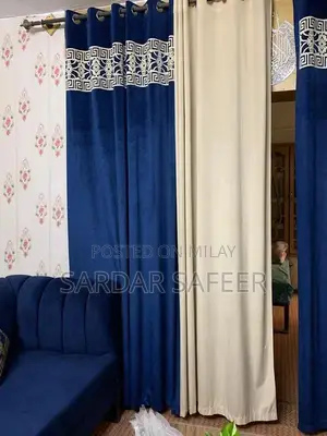 Royal Blue L-Shape Velvet Sofa with Cushions and Matching Curtains