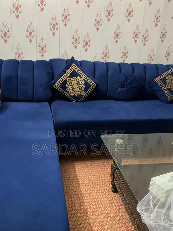 Royal Blue L-Shape Velvet Sofa with Cushions and Matching Curtains