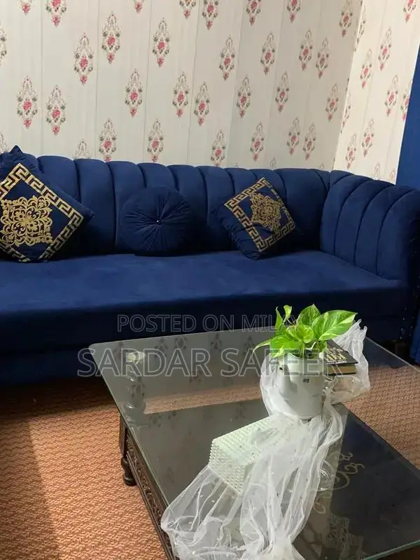 Royal Blue L-Shape Velvet Sofa with Cushions and Matching Curtains