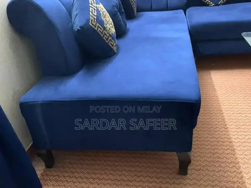 Royal Blue L-Shape Velvet Sofa with Cushions and Matching Curtains