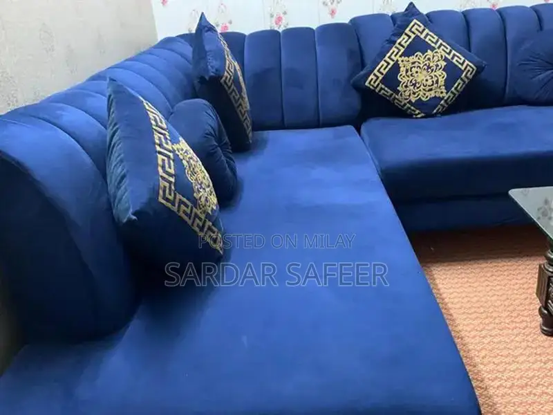 Royal Blue L-Shape Velvet Sofa with Cushions and Matching Curtains