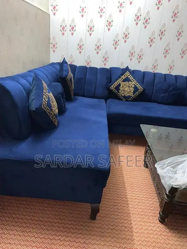 Royal Blue L-Shape Velvet Sofa with Cushions and Matching Curtains