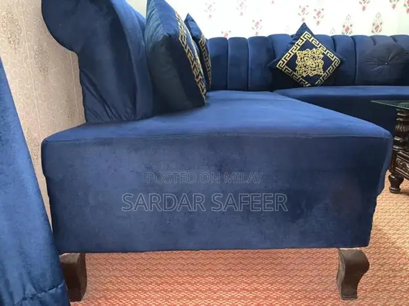 Royal Blue L-Shape Velvet Sofa with Cushions and Matching Curtains