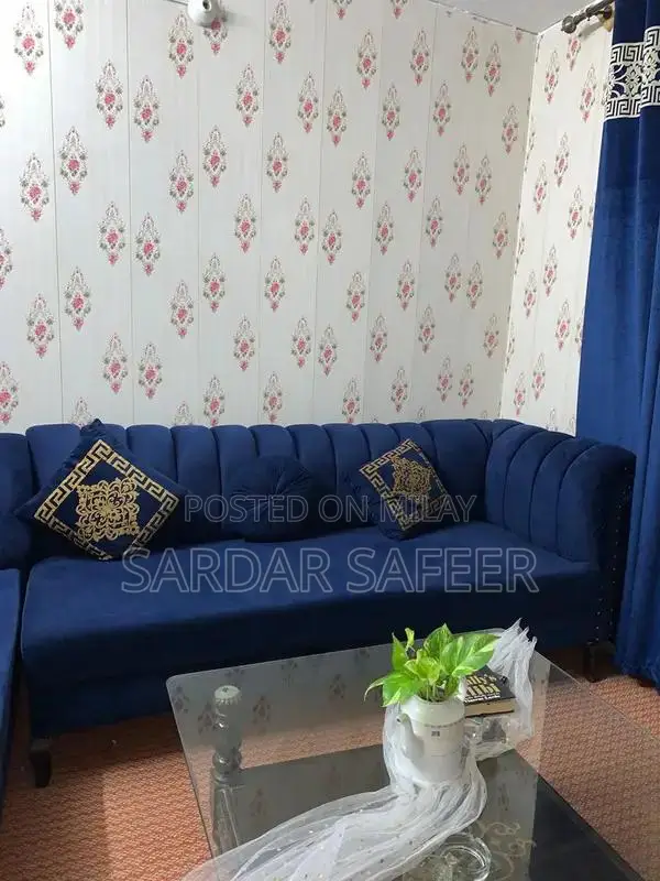 Royal Blue L-Shape Velvet Sofa with Cushions and Matching Curtains