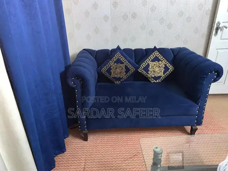 Royal Blue L-Shape Velvet Sofa with Cushions and Matching Curtains