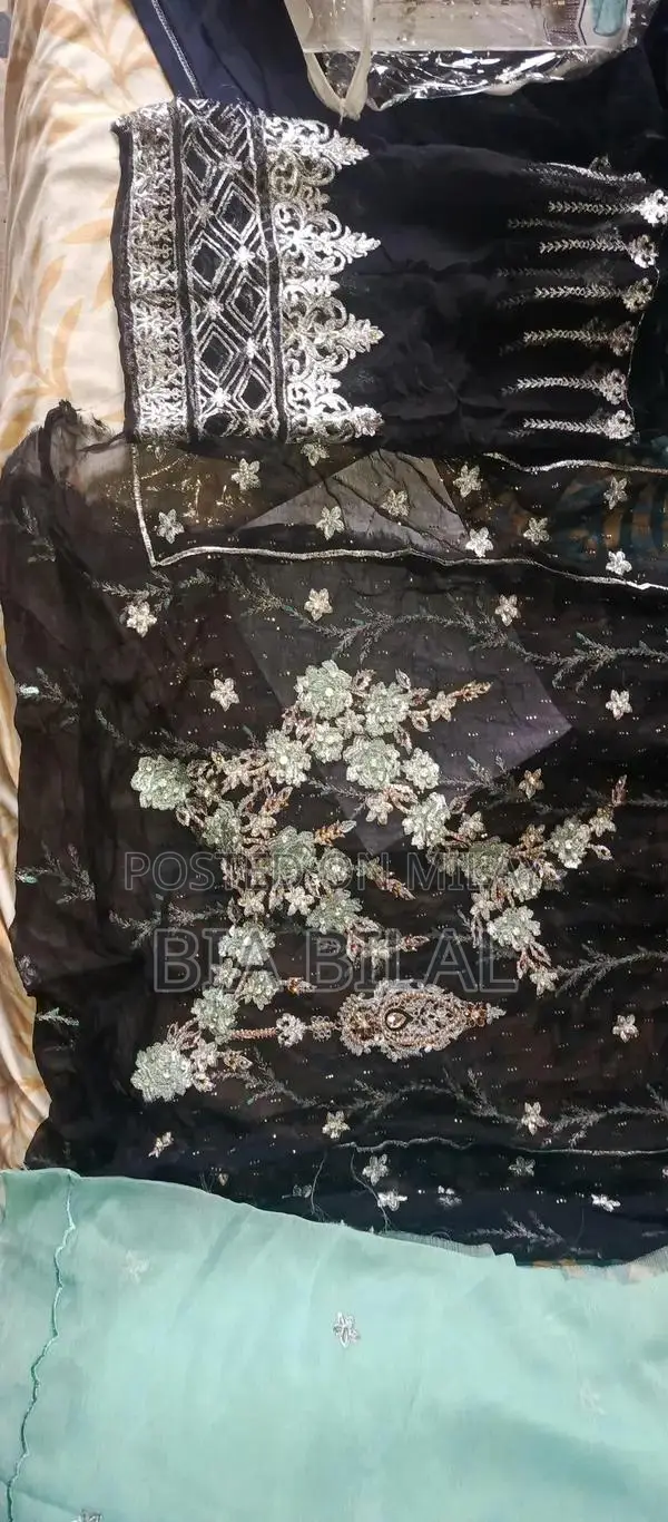 Elegant Black Dress with Aqua and Silver Embroidery