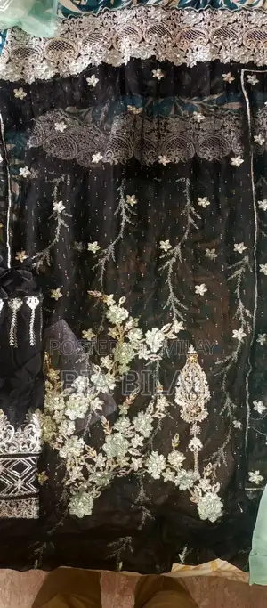 Elegant Black Dress with Aqua and Silver Embroidery