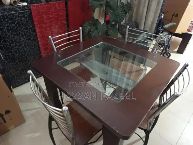 Glass Top Wooden Dining Table Set with 4 Chairs