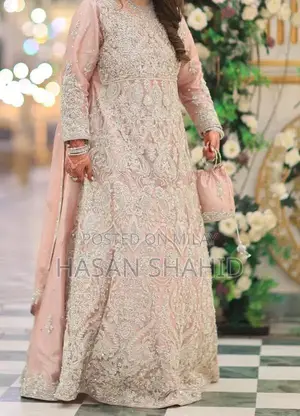 Elegant Peach Bridal Walima Maxi Dress with Matching Bag
