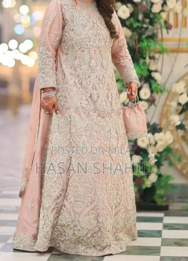 Elegant Peach Bridal Walima Maxi Dress with Matching Bag