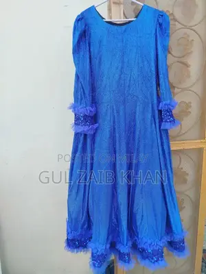 Elegant Blue Glitter Frock with Net Dupatta and Matching Trouser