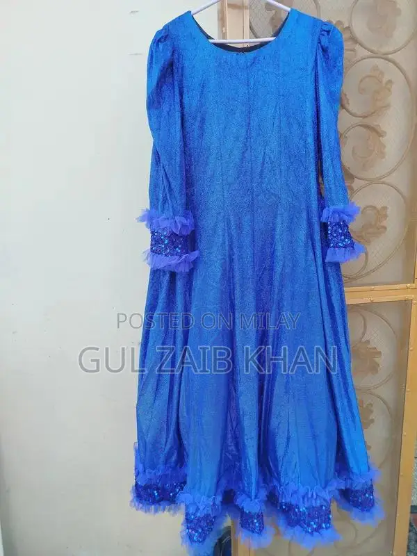 Elegant Blue Glitter Frock with Net Dupatta and Matching Trouser