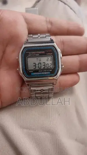 Casio-Style Digital Watch with Stainless Steel Chain