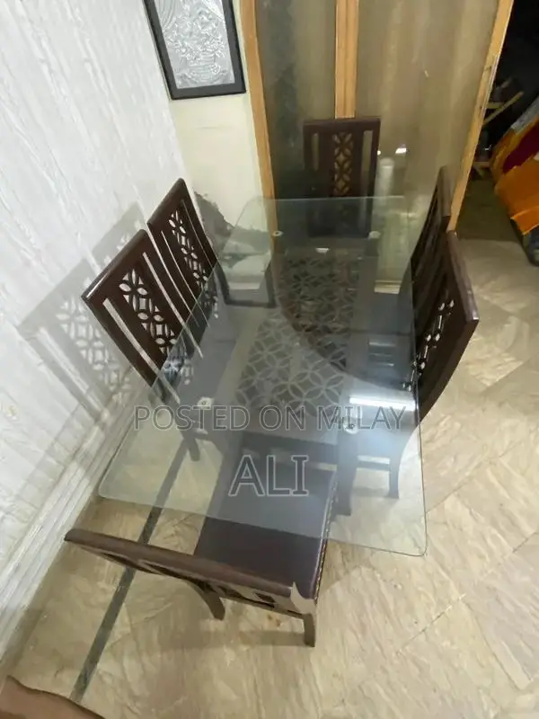 Large Wooden Dining Table with 6 Chairs and Glass Top