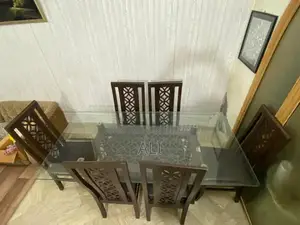 Large Wooden Dining Table with 6 Chairs and Glass Top