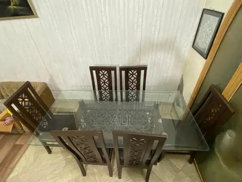 Large Wooden Dining Table with 6 Chairs and Glass Top