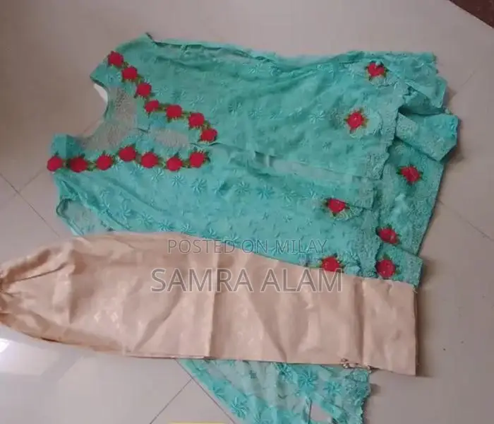 Girls Two-Piece Sky Blue Embroidered Dress with Floral Appliqués