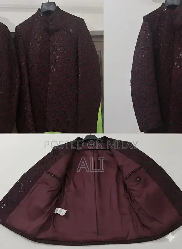 Men's Wedding Coat and Suit Ensemble in Maroon