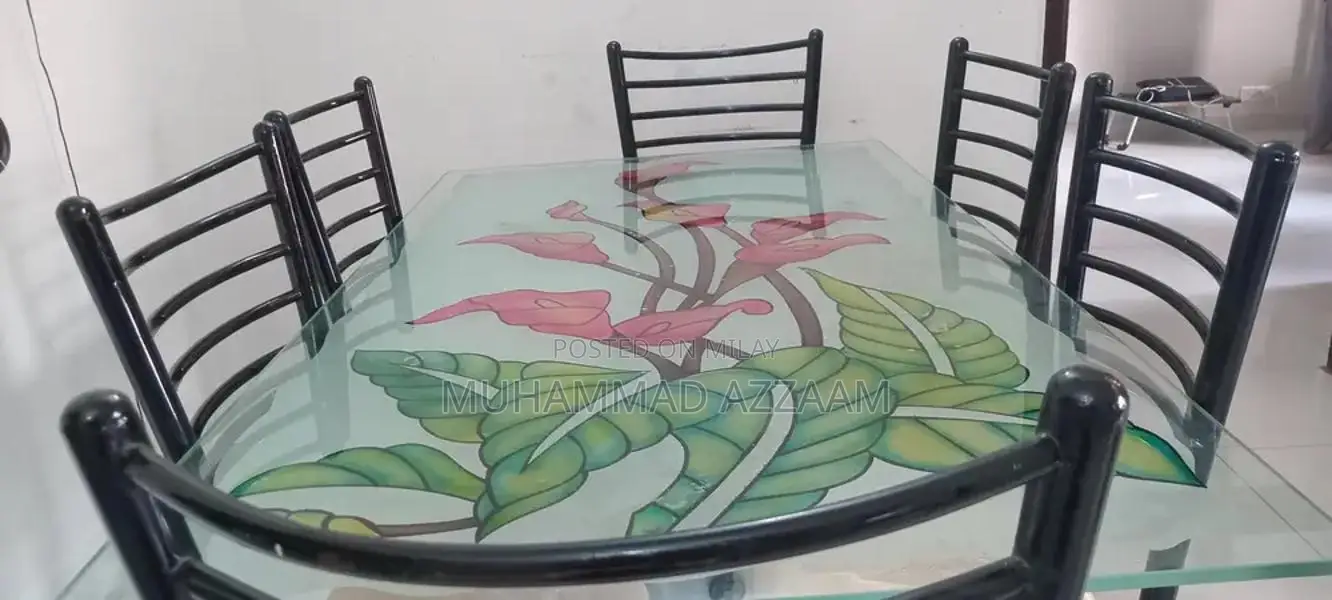 6-Seater Iron and Glass Dining Table with Cushioned Chairs
