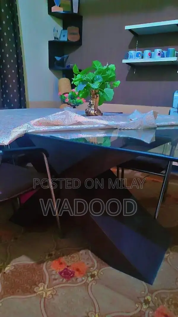 Modern 6-Seat Dining Table Set with Glass Top and Wooden Base