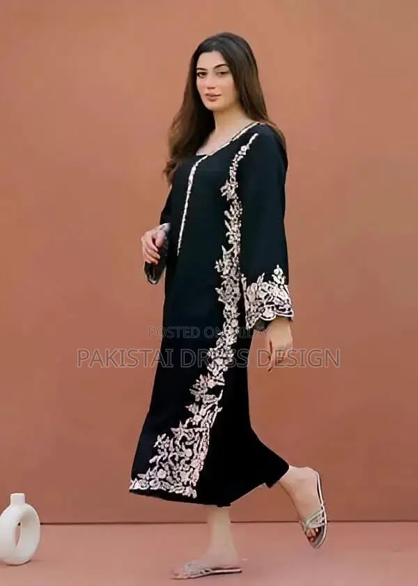 Women's 2-Piece Black Cotton Dress with White Embroidery