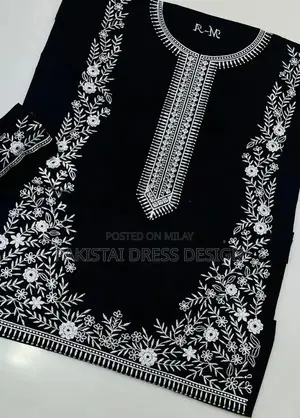 Women's 2-Piece Black Cotton Dress with White Embroidery