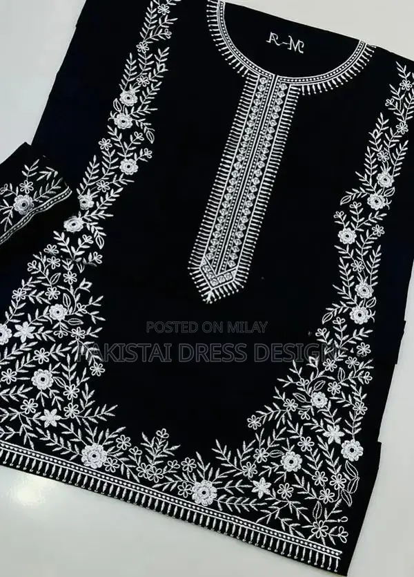 Women's 2-Piece Black Cotton Dress with White Embroidery