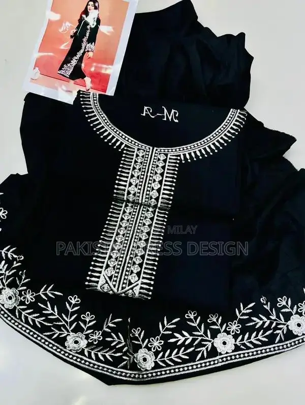 Women's 2-Piece Black Cotton Dress with White Embroidery