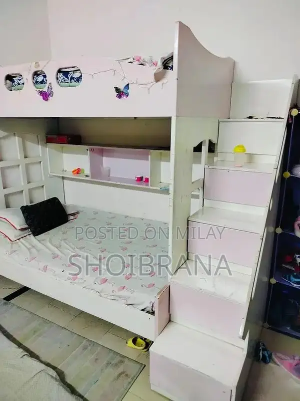 Pink and White Wooden Bunk Bed in Used Condition