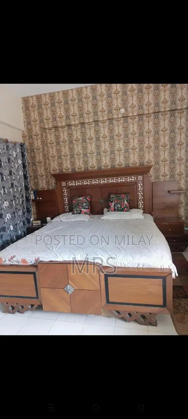 Wooden Bed Frame with Two Side Tables