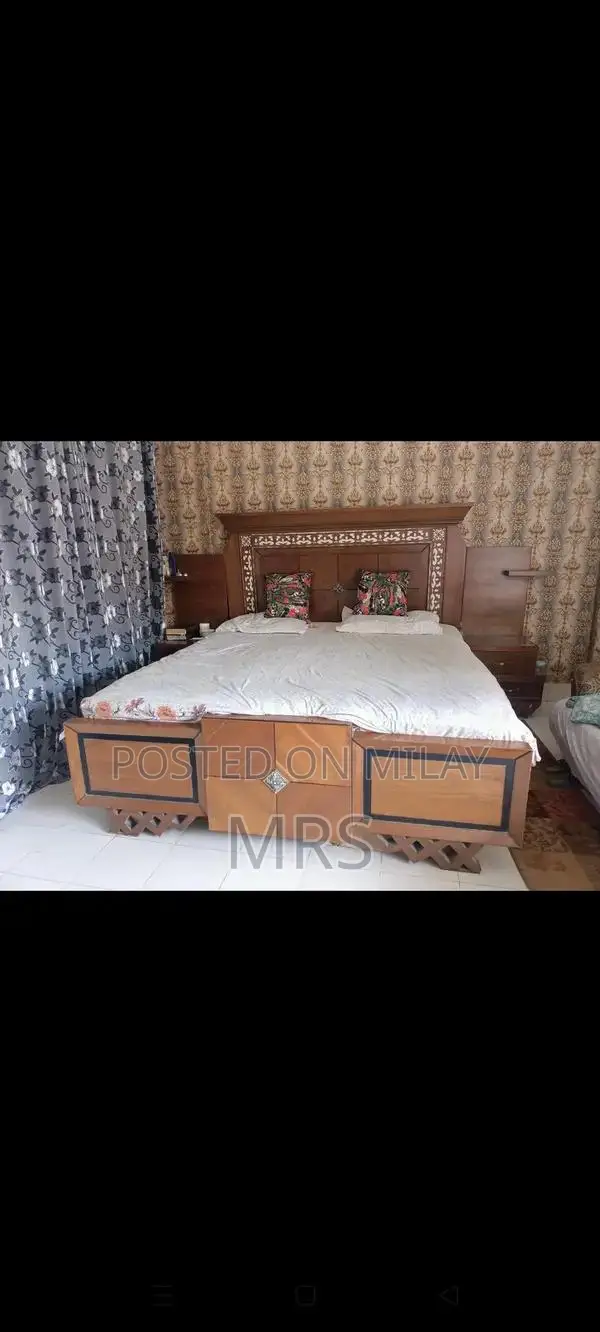 Wooden Bed Frame with Two Side Tables