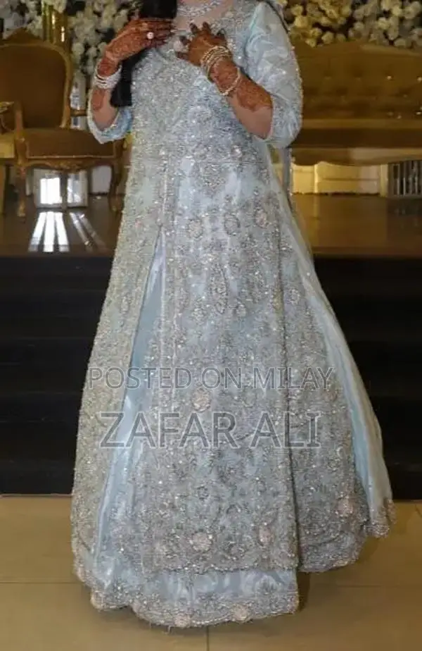 Elegant Ice Blue Organza Bridal Walima Dress with Embroidery