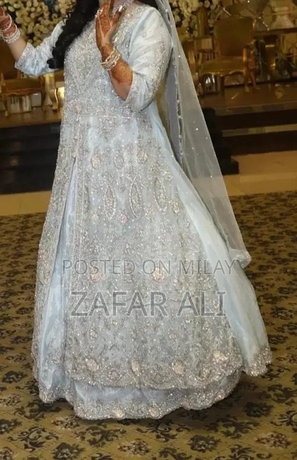 Elegant Ice Blue Organza Bridal Walima Dress with Embroidery