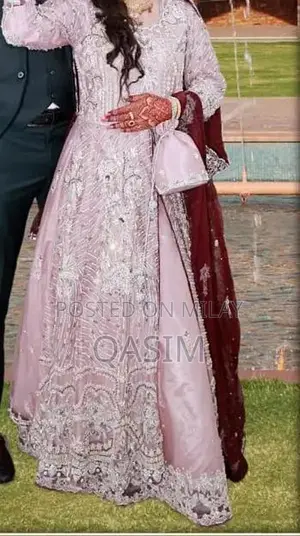 Pastel Pink Bridal Maxi Gown with Intricate Hand Embroidery