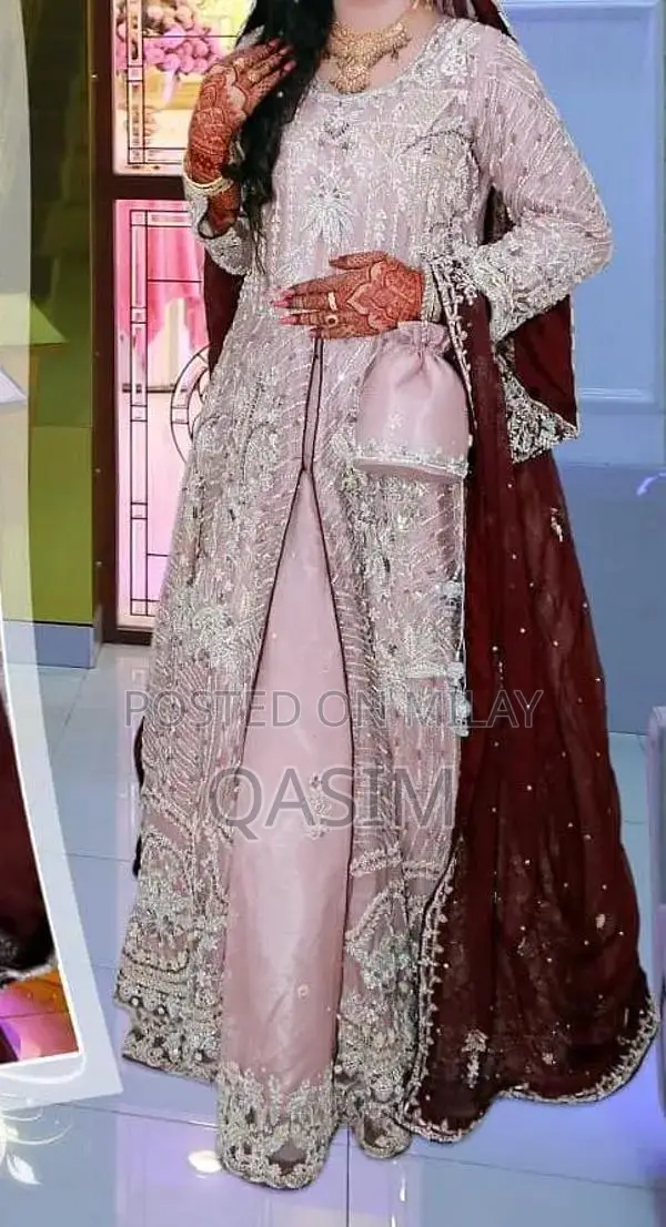 Pastel Pink Bridal Maxi Gown with Intricate Hand Embroidery