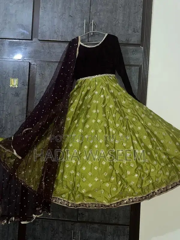 Green Maroon Party Wear Frock with Golden Embroidery and Dupatta